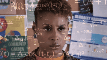 Issa stares in focus while math equations float around her head