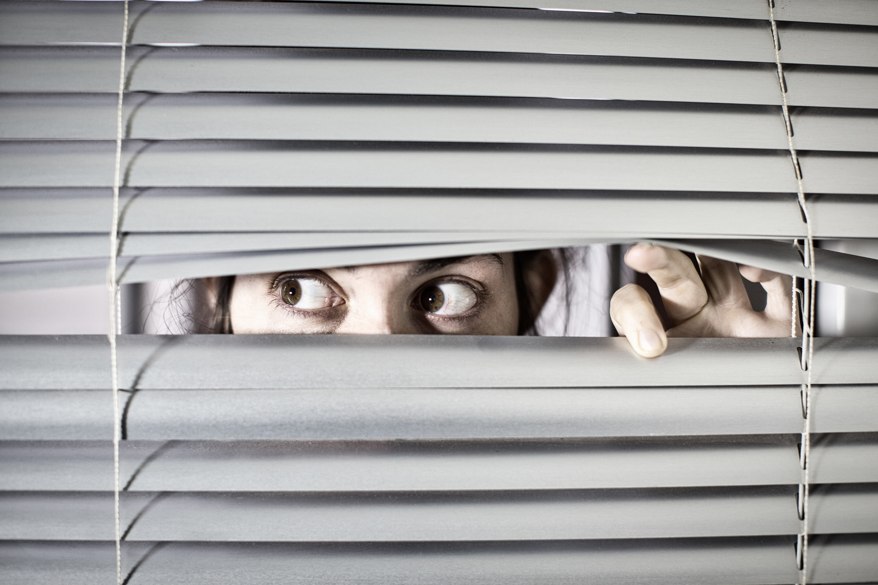 nosy neighbor looking through the blinds