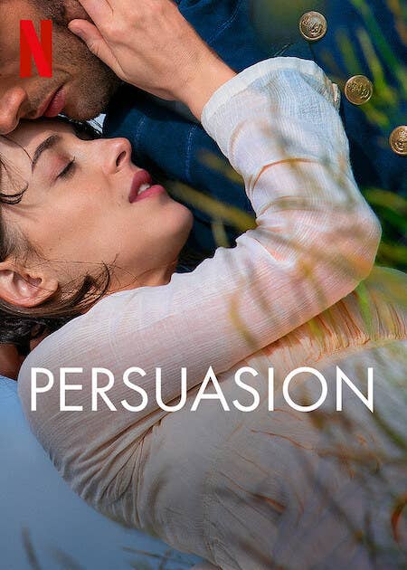Poster for Netflix&#x27;s Persuasion featuring an extreme close-up of Anne resting her head on Wentworth&#x27;s shoulder, flipped vertically