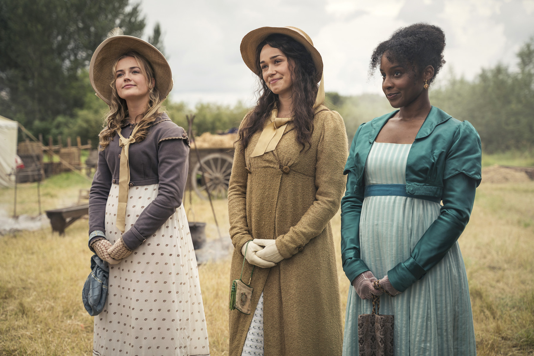 Rose williams as charlotte heywood Rosie Graham as Alison Heywood and Crystal Clarke as Georgiana Lambe in costume in sanditon