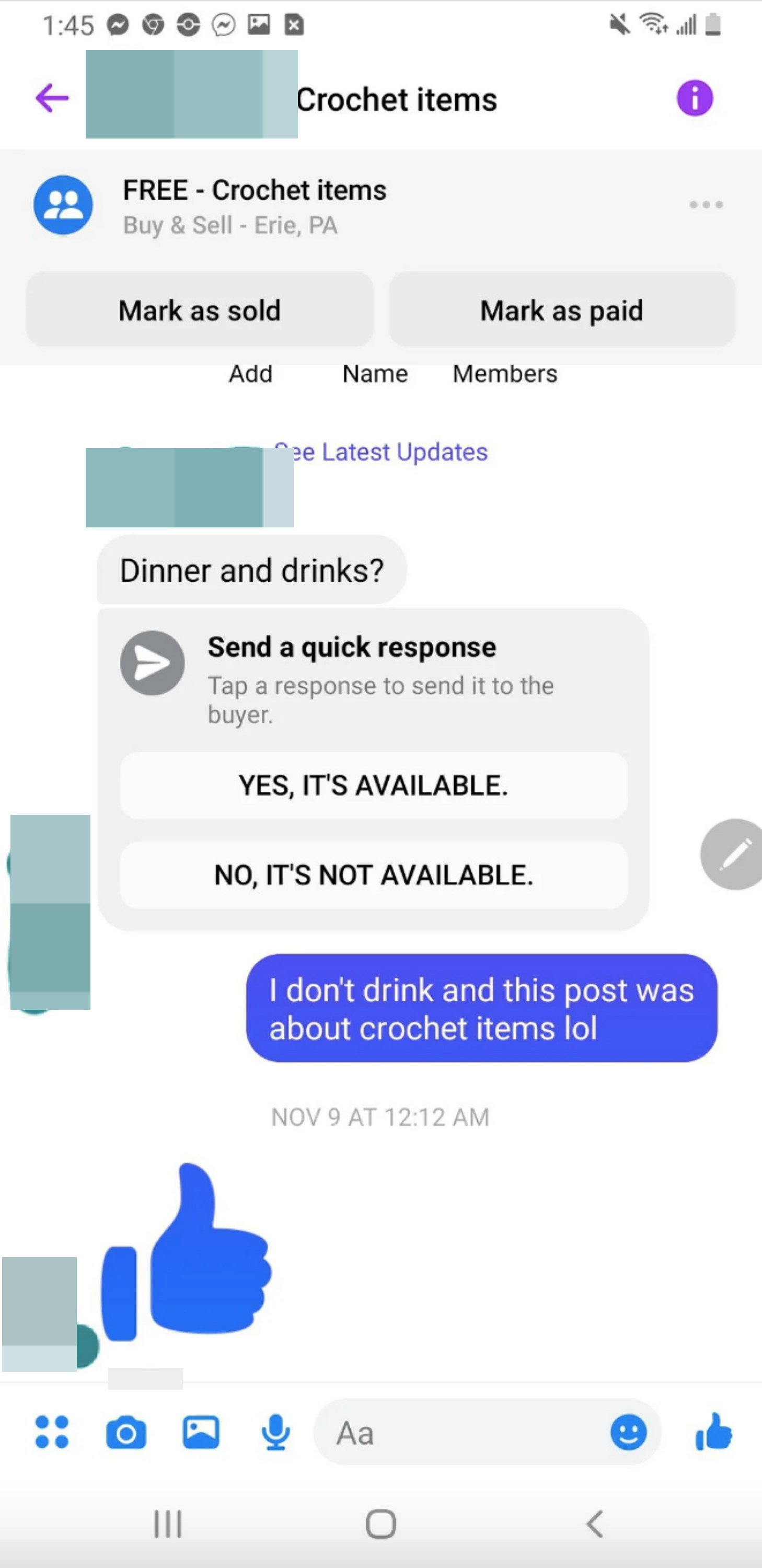 Screen shot of text exchange