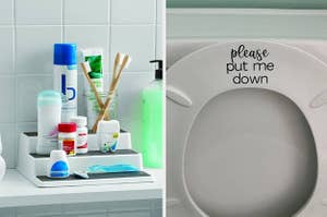 tiered storage shelf and sticker on bottom of toilet seat that says "please put me down"