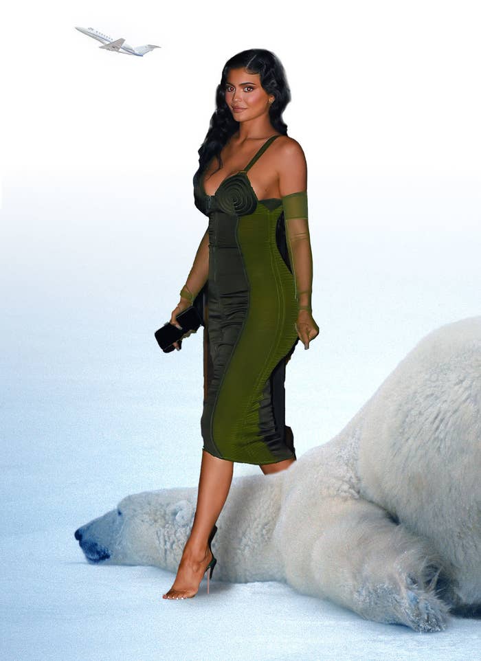 Kylie Jenner steps over a polar bear that&#x27;s laying on the ground
