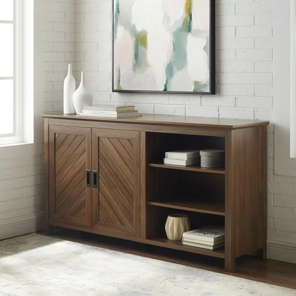wooden sideboard and storage with drawers in wall corner