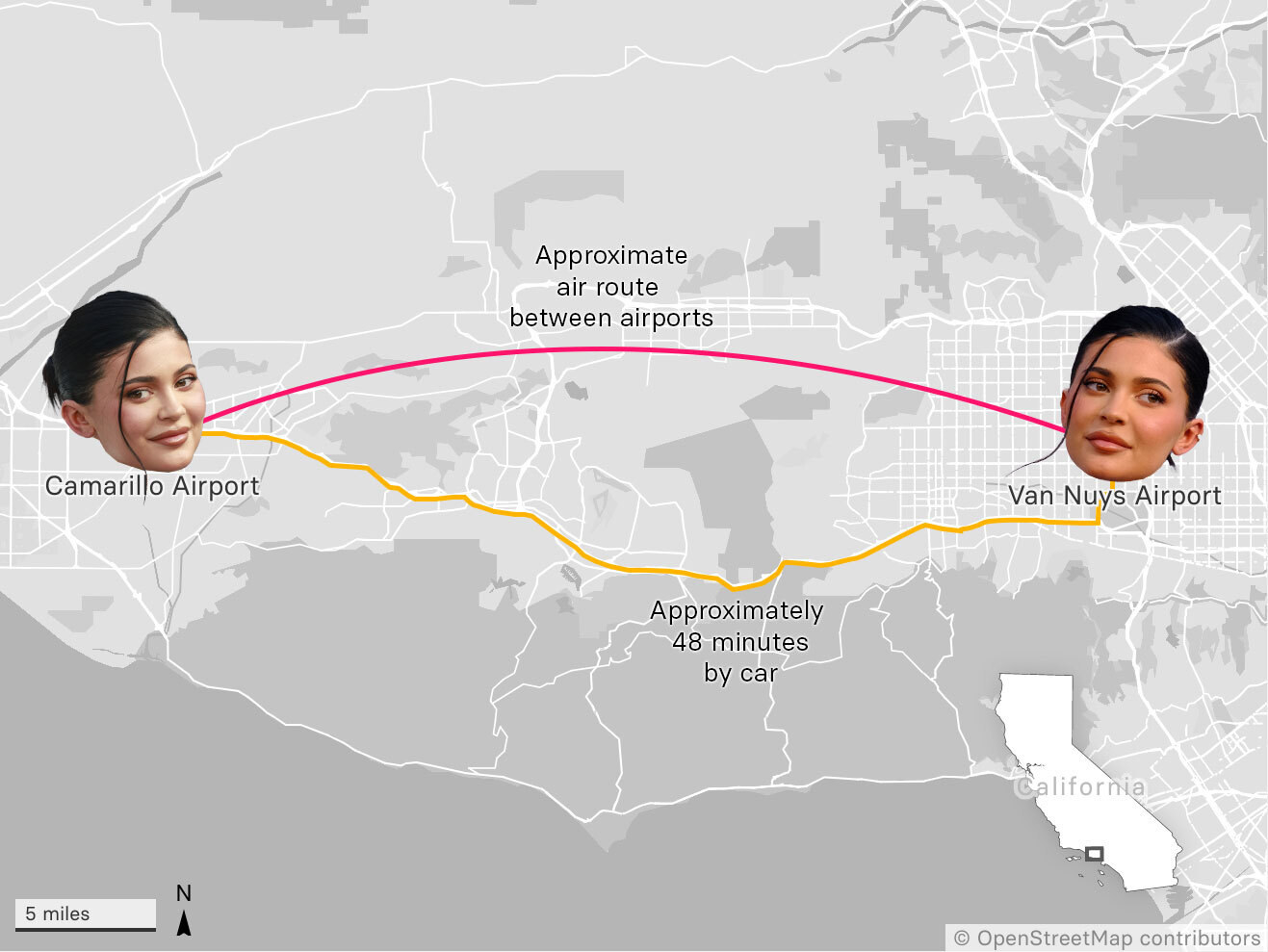 A map showing the shorter route the plane ride would have taken from Camarillo Airport to Van Nuys Airport vs driving