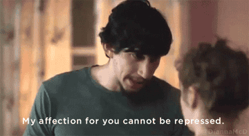 Adam driver in a green shirt saying &quot;My affection for you cannot be repressed&quot;