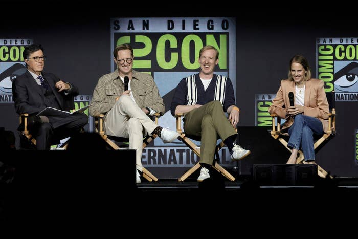 Stephen Colbert, JD Payne, Patrick McKay and Lindsey Weber speak onstage at &quot;The Lord of the Rings: The Rings of Power&quot; panel during 2022 Comic-Con International: San Diego at San Diego Convention Center