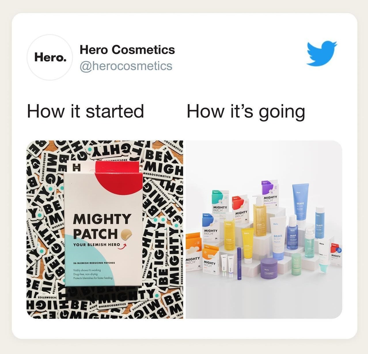A tweet that says &quot;how it started vs. how it&#x27;s going&quot; and showing more products