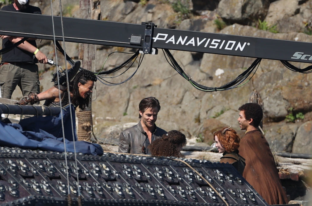 Michelle Rodriguez, Chris Pine and Justice Smith during filming for the Dungeons and Dragons film in Carrickfergus, Ireland