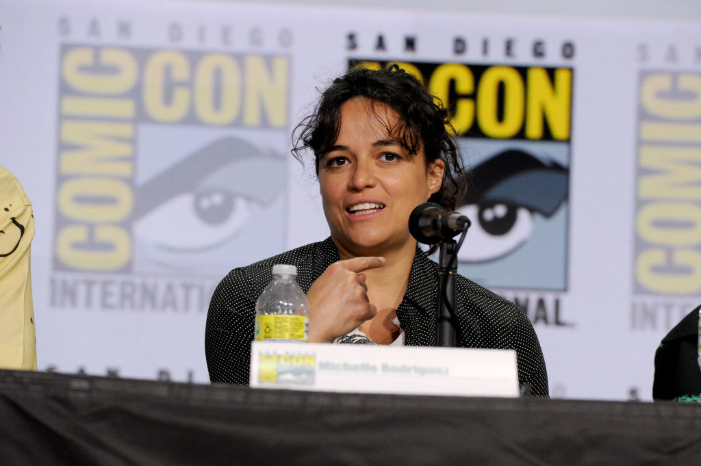 Michelle Rodriguez speaks onstage at the &quot;Dungeons &amp;amp; Dragons: Honor Among Thieves&quot; panel during 2022 Comic-Con International