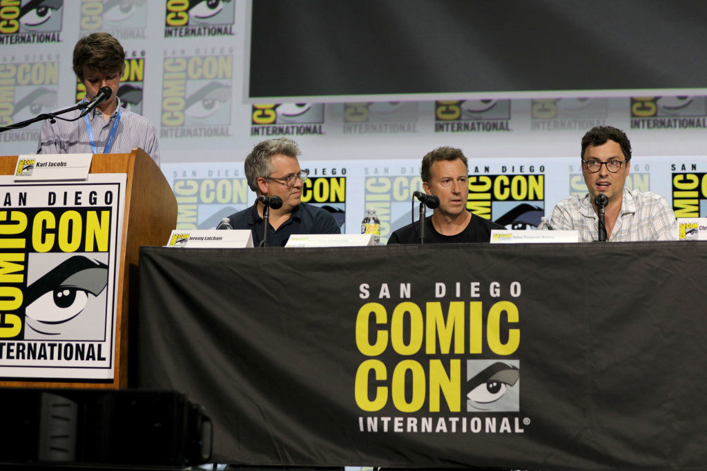 Karl Jacobs, Jeremy Latcham, Jonathan Goldstein, and John Francis Daley attend Paramount Pictures and eOne&#x27;s Comic-Con presentation of &quot;Dungeons &amp;amp; Dragons: Honor Among Thieves&quot;