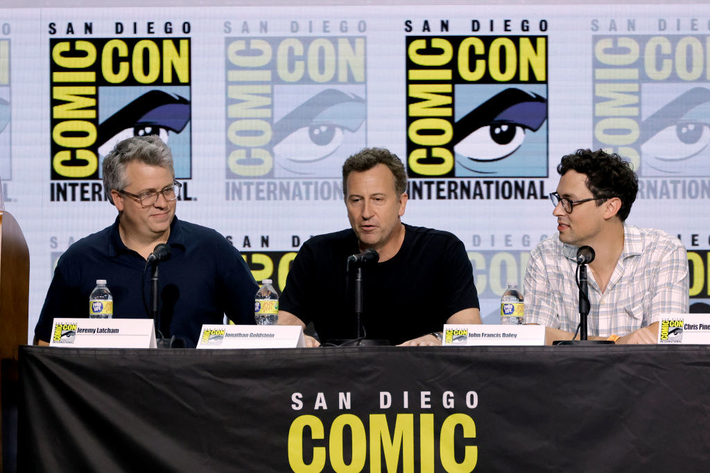 Jeremy Latcham, Jonathan Goldstein, and John Francis Daley speak onstage at the &quot;Dungeons &amp;amp; Dragons: Honor Among Thieves&quot; panel during 2022 Comic-Con International