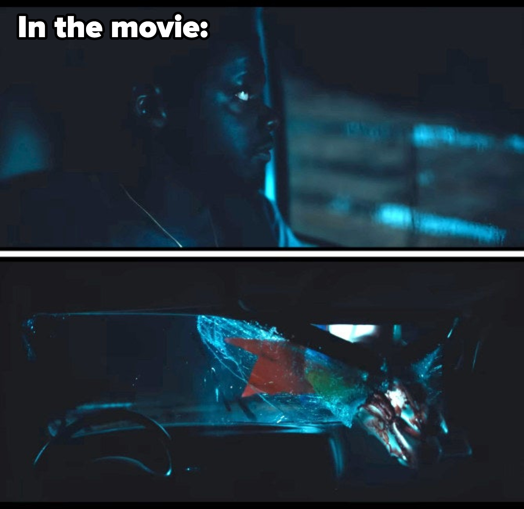 The decoy horse falling through the windshield in the movie