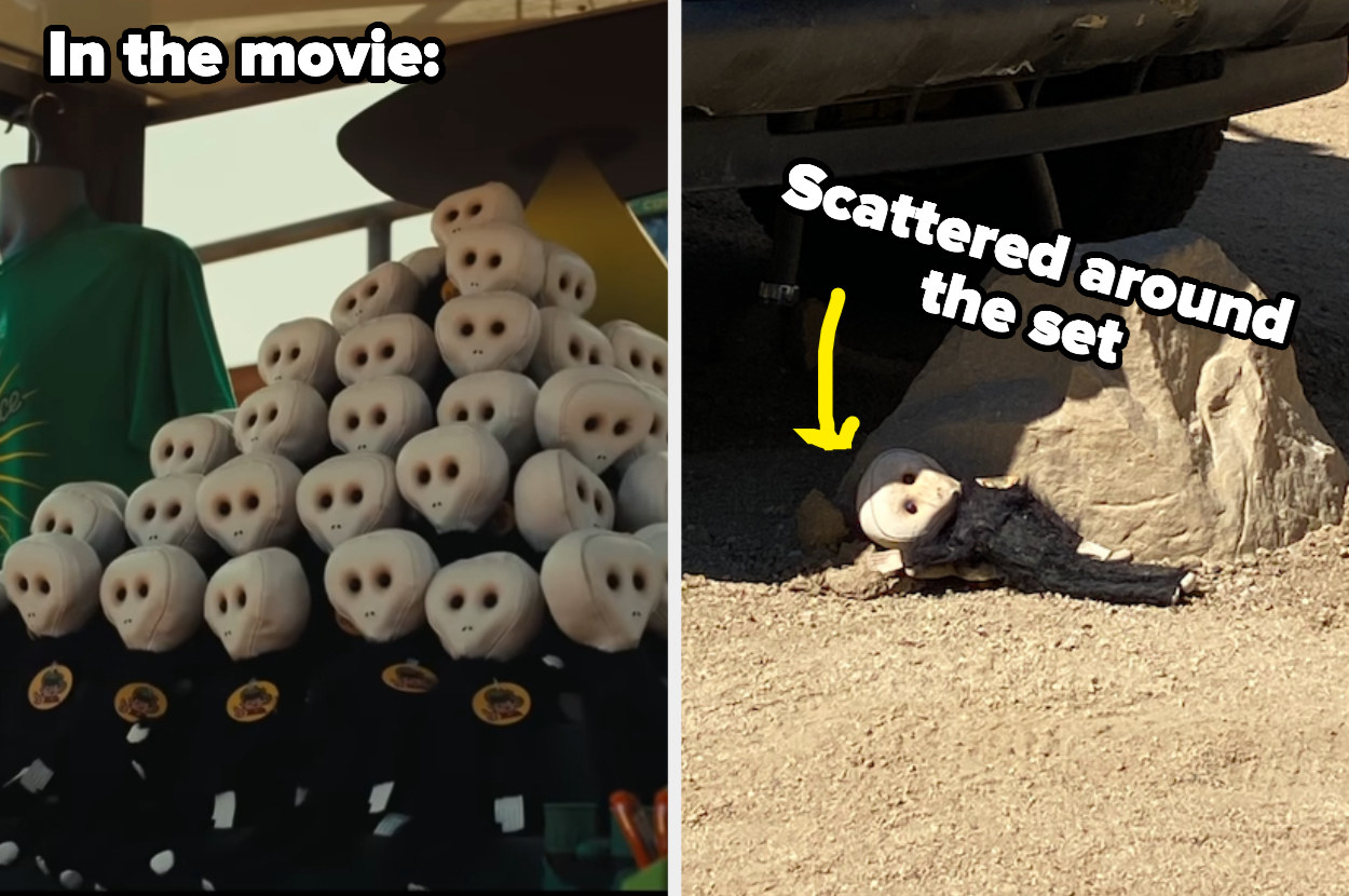A shot from the movie of rows of creepy alien stuffed animals, juxtaposed with a shot of one of those stuffed animals lying in the dirt on the set