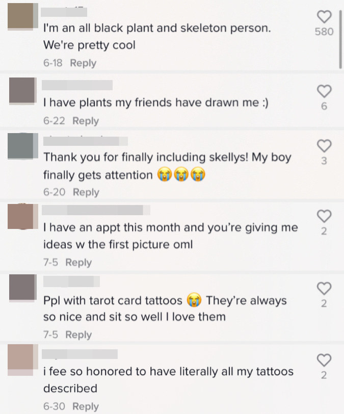 A screengrab of the comment section of a TikTok by urtattoomommy