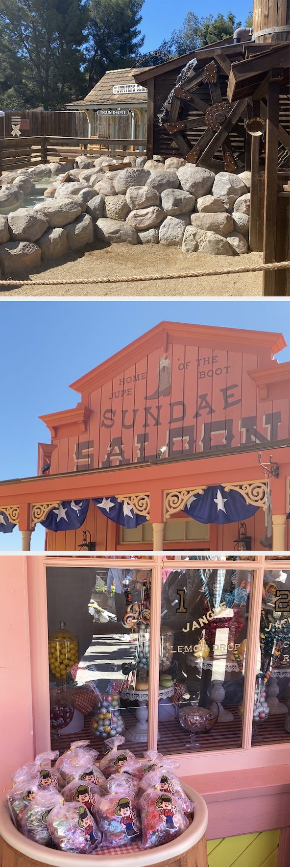 Photos of a train depot, saloon, and candy shop on set