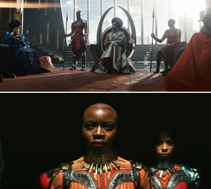 Screen shots from &quot;Black Panther: Wakanda Forever&quot; of Queen Ramonda and Okoye