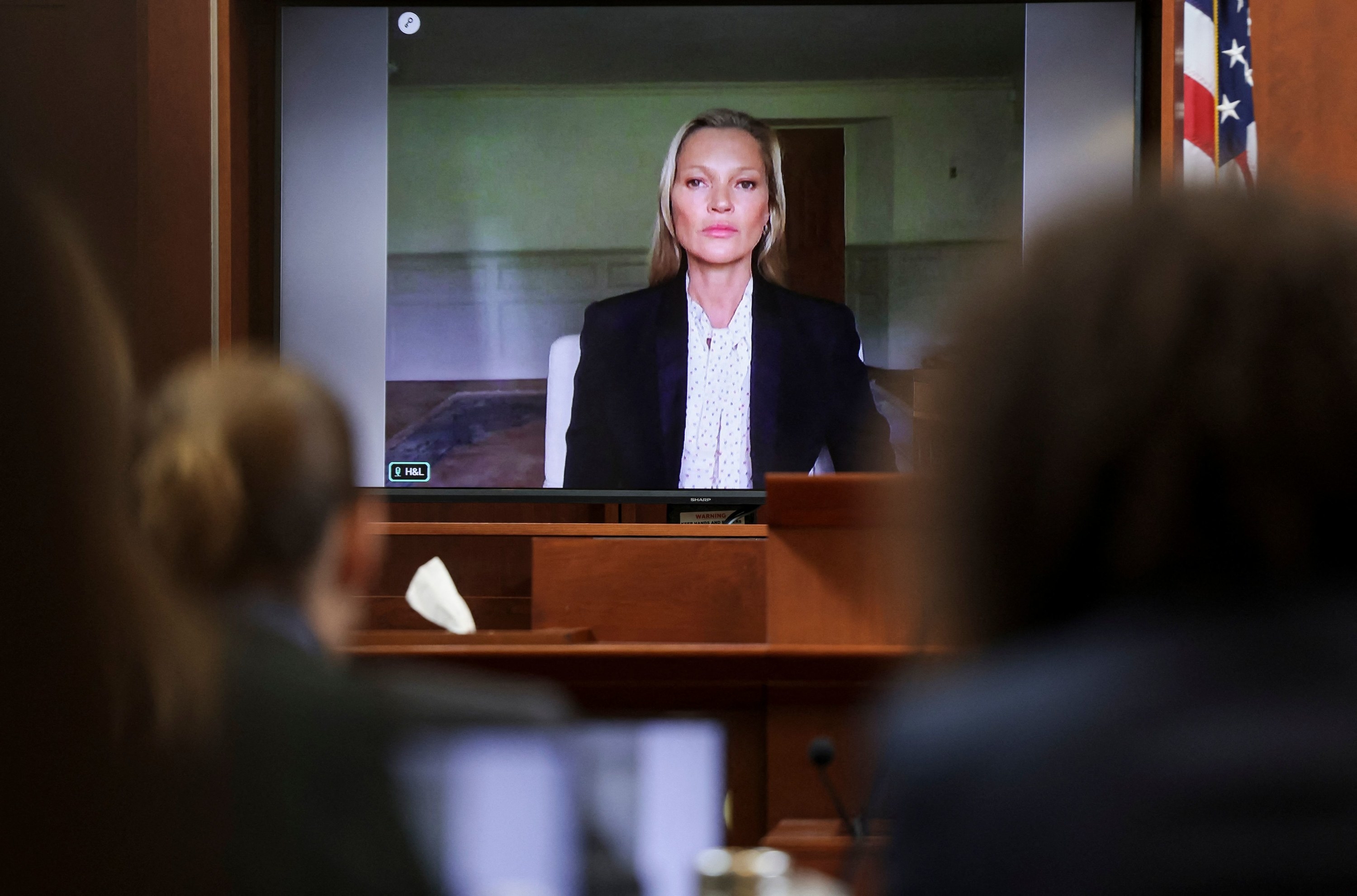 Kate Moss testifies via video link at the Fairfax County Circuit Courthouse in Fairfax, Virginia, on May 25, 2022.