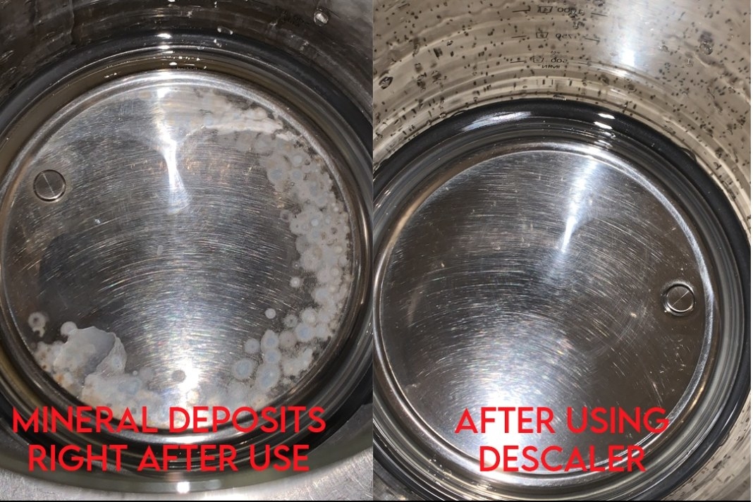 A reviewer&#x27;s photo of white stains on silver kettle before product use and silver kettle after product use
