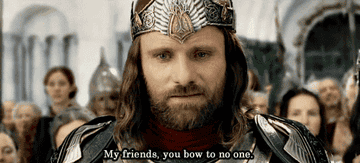 GIF of Aragorn saying &quot;My friends, you bow to no one&quot;
