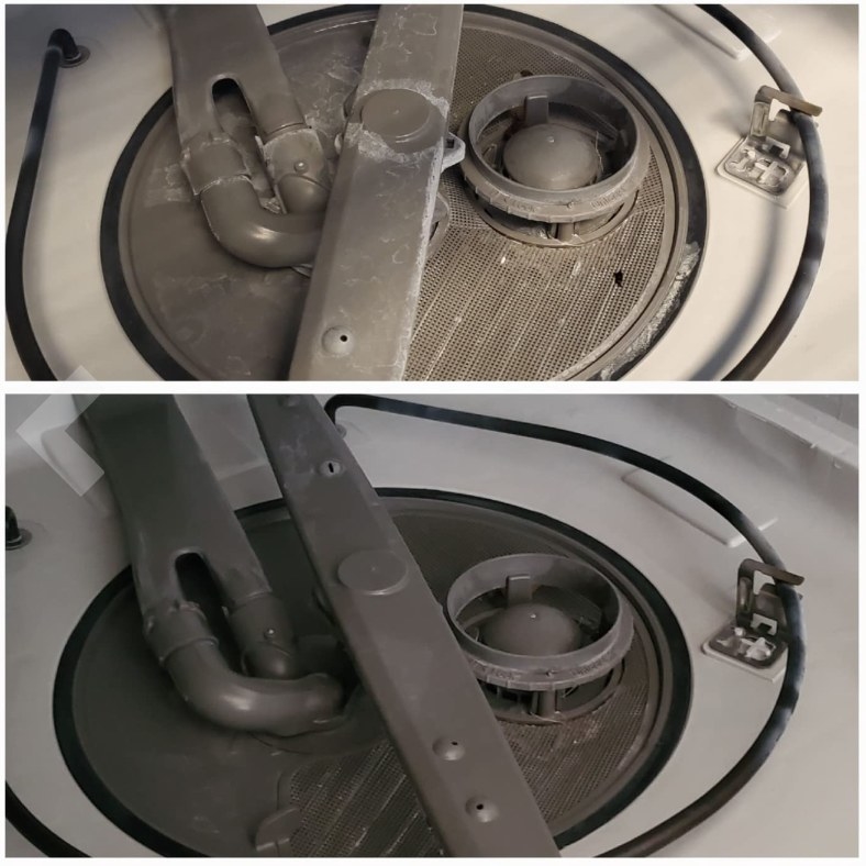A reviewer&#x27;s grey and dirty dishwasher before product use and a clean grey dishwater post-use