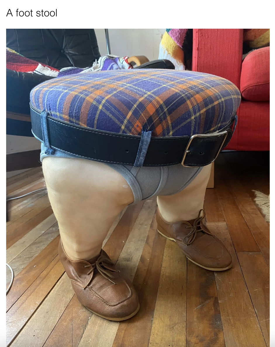 a stool decorated like a person in his underwear