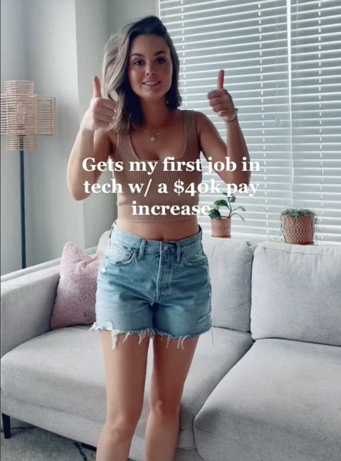 Lexi giving a thumbs up with a caption that says "Gets my first job in tech with a $40,000 pay increase"