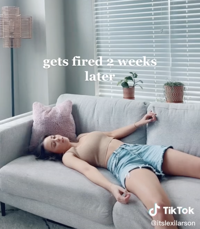 Lexi pretending to be dead on the couch with a caption that says "gets fired two weeks later"