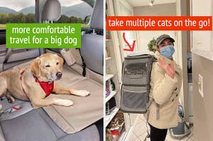 a backseat extender and text "more comfortable travel for a big dog" / a two tier carrier and text "take multiple cats on the go"