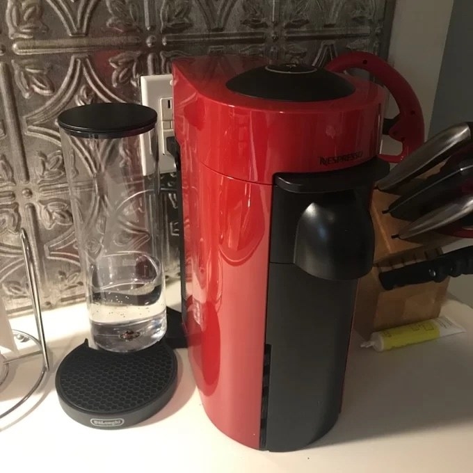 A red coffee maker in a reviewer&#x27;s home