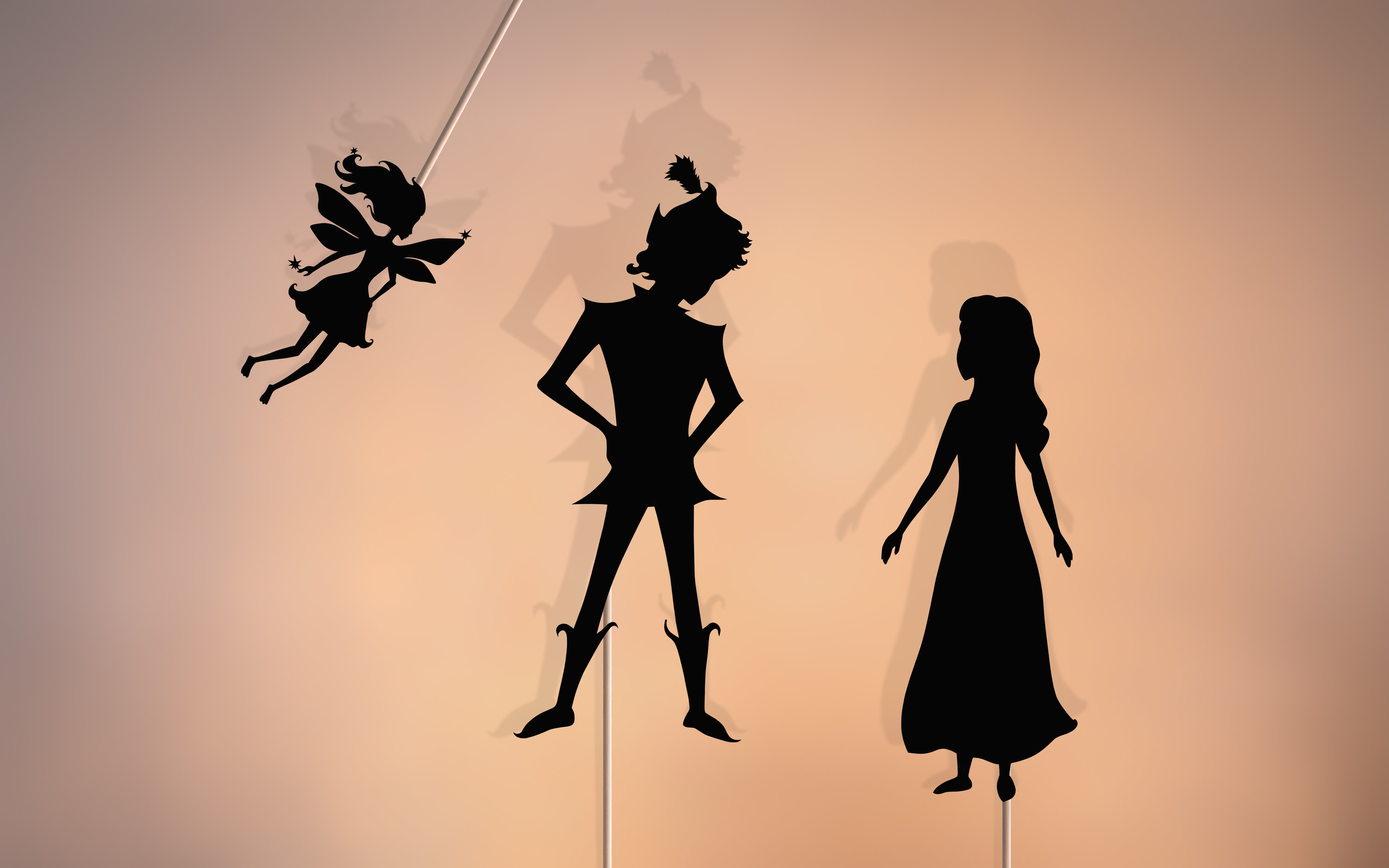 Silhouette of Peter Pan, Wendy, and Tinkerbell