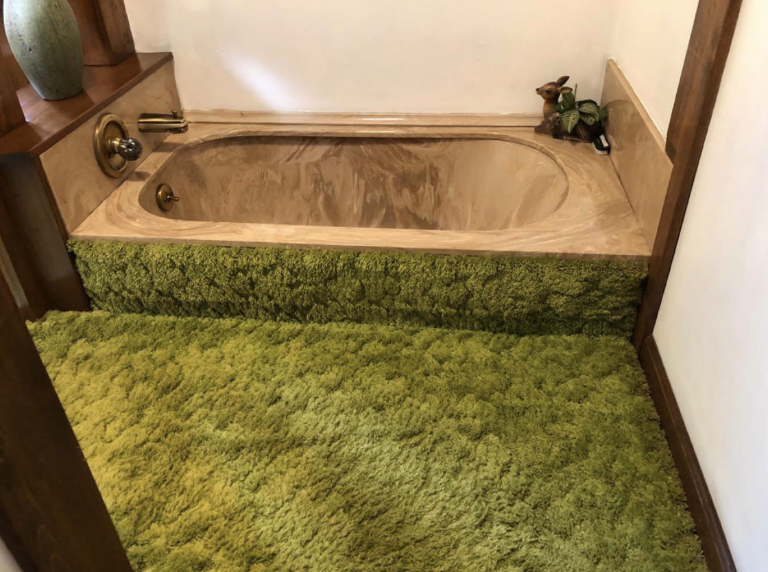 moss carpeting on a bathroom floor