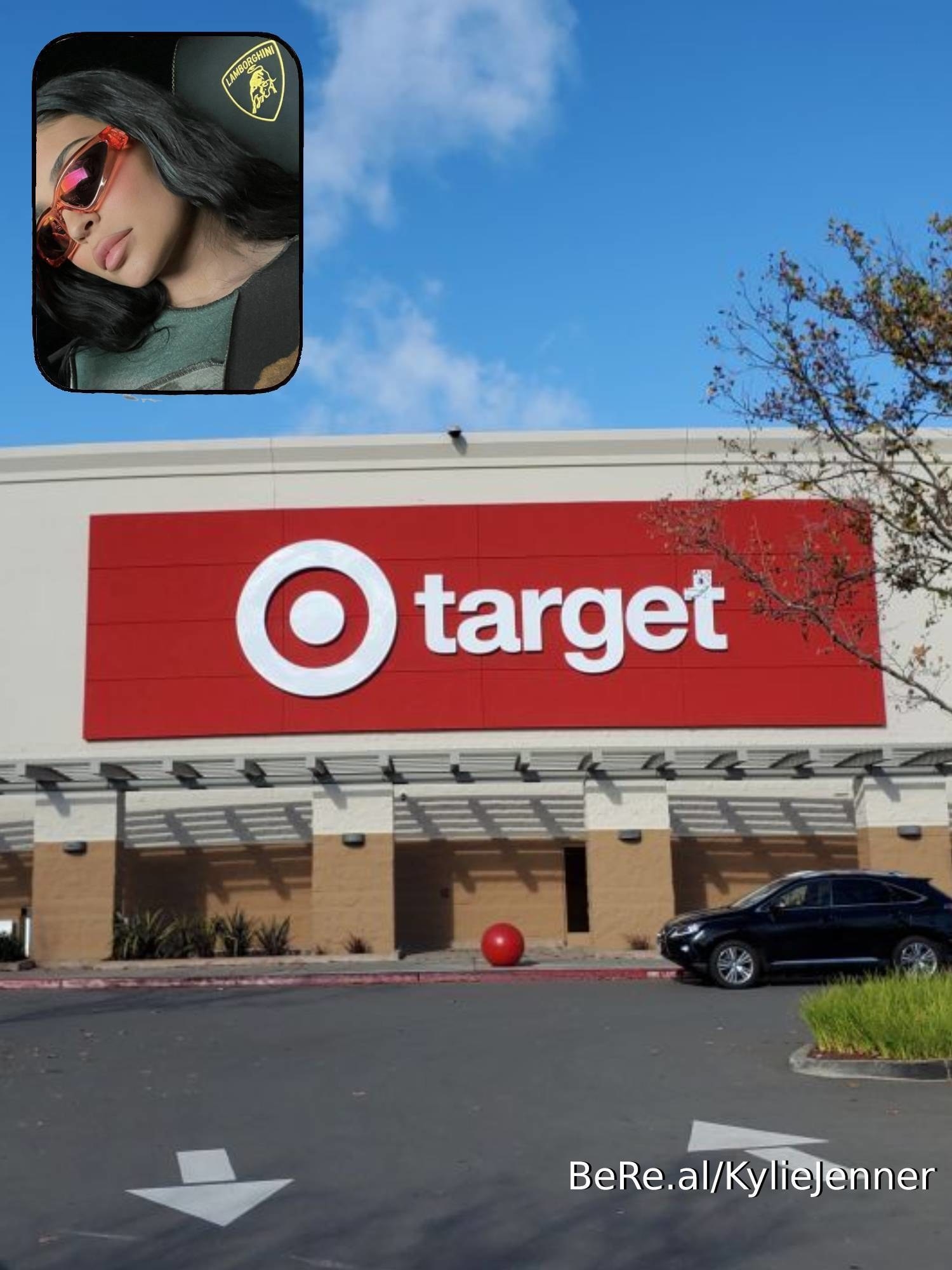 A Kylie Jenner selfie superimposed on a photo of the entrance to a Target store