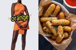 On the left, someone wearing a mini skirt and cropped halter top labeled orange, and on the right, some mozzarella sticks