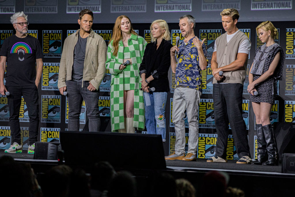 James Gunn and the Guardians of the Galaxy cast stand on stage