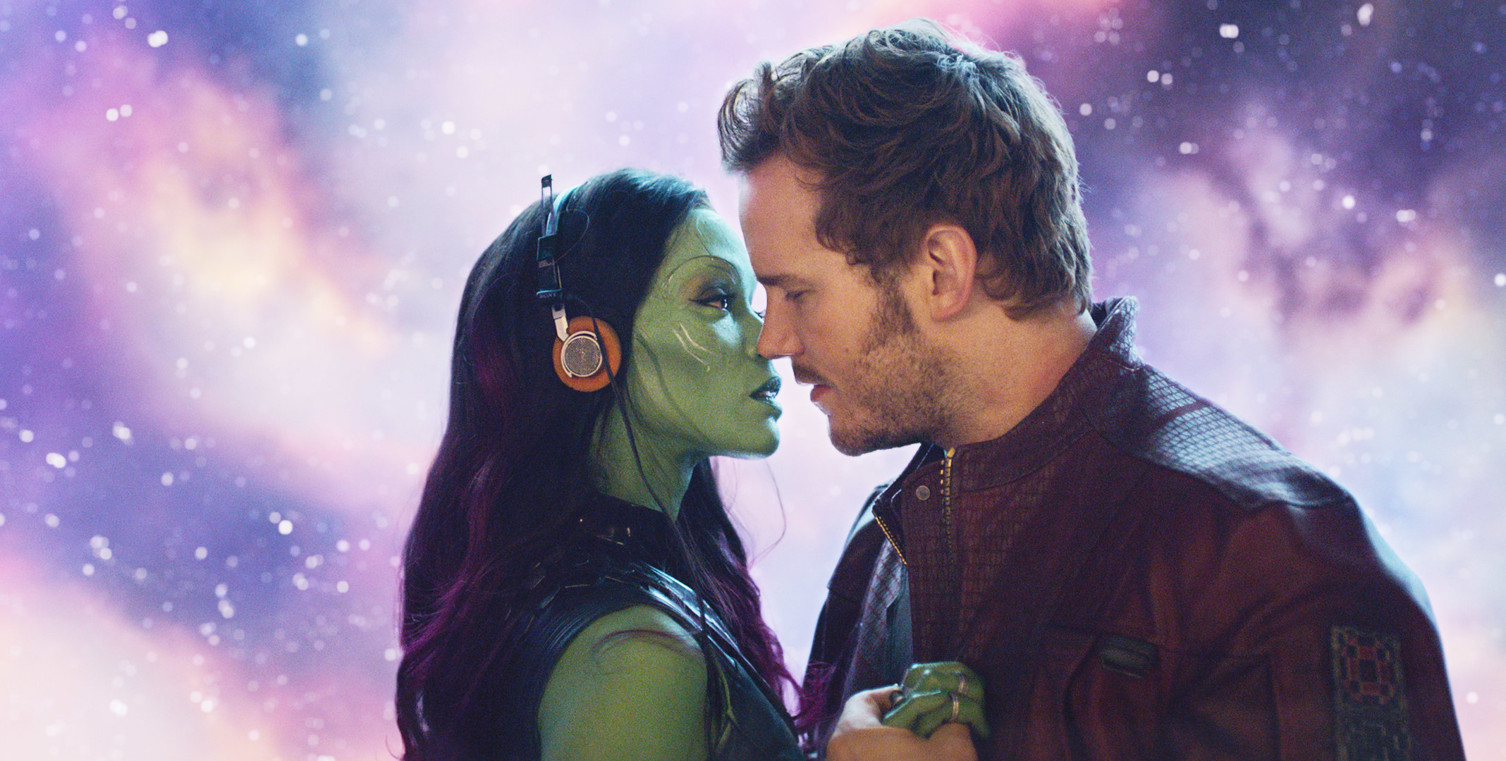 Peter and Gamora moving in for a kiss