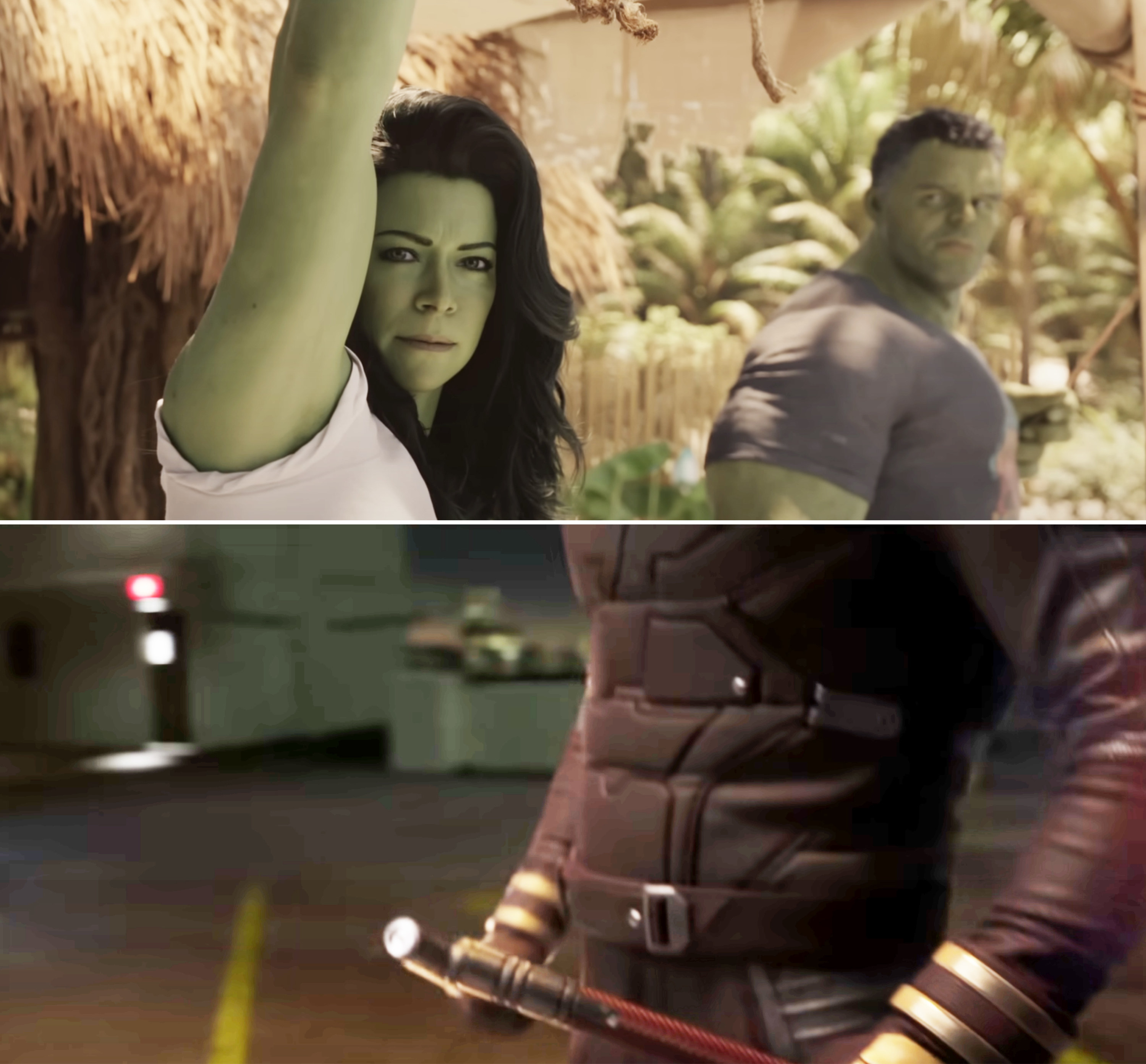 Two stills from the show, one of Mark Ruffalo making a cameo as Hulk, and the other shows Daredevil&#x27;s iconic costume, though the person wearing it is not clear