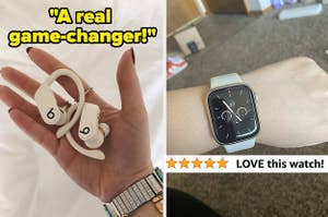 on the left a hand holding beats earbuds and text that reads "a real game-changer"; on the right a wrist wearing the apple watch series 7 and text that reads "love this watch"