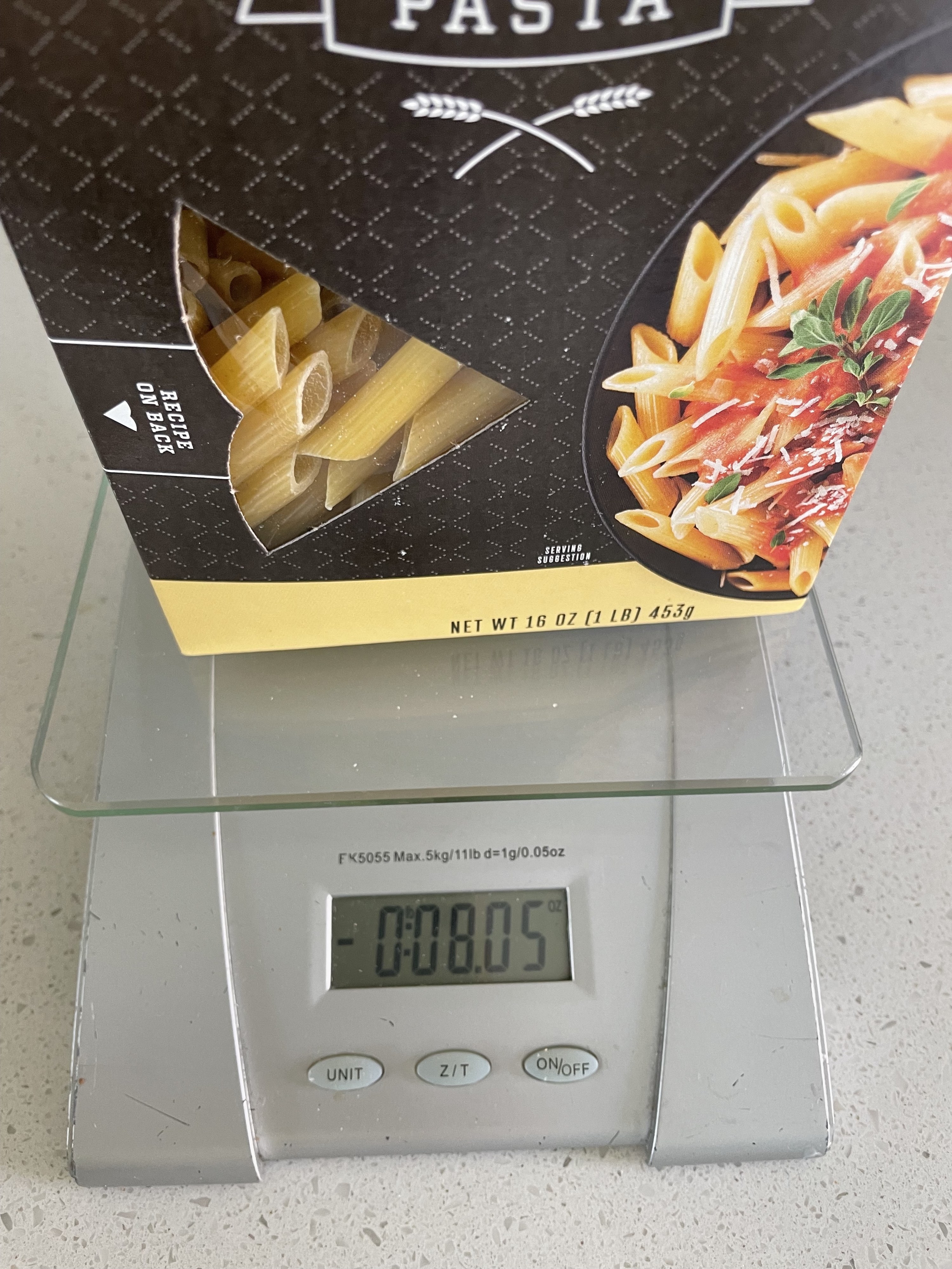 kitchen scale weighing out pasta