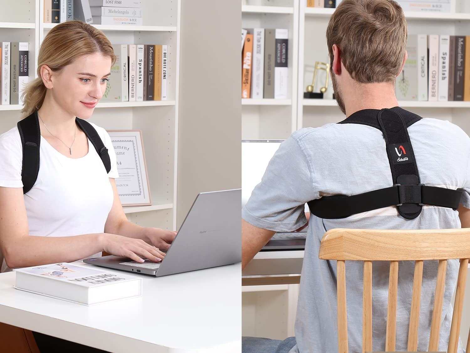 Two people wearing the posture corrector while sitting at a desk
