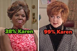 On the left, Leslie Jones with a Karen haircut on SNL labeled 38 percent Karen, and on the right, Melissa McCarthy as Michelle in The Boss labeled 99 percent Karen 