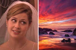 A bride is on the left with a sunset view on the right