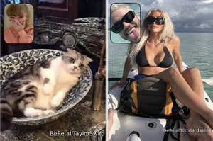 Taylor Swift, a cat in a sink, Pete Davidson smiling with his tongue out, Kim Kardashian posing on a boat