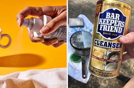 on left, hand holds stain remover spray bottle over dirty towel. on right, hand holds container of Bar Keepers Friend over pot with one tarnished side and one silver side