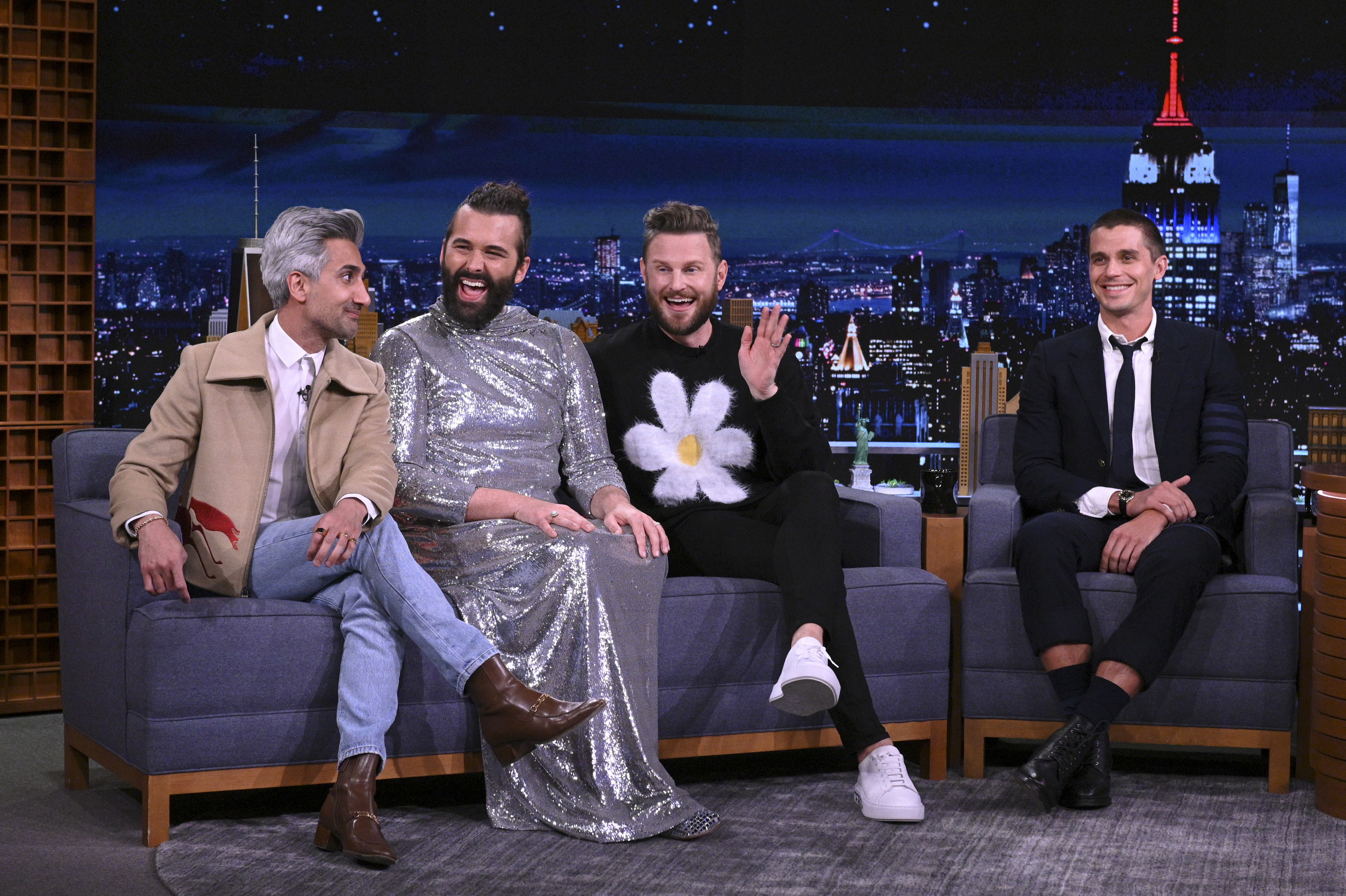 The cohosts of Queer Eye (Tan France, Jonathan Van Ness, Bobby Berk, Antoni Porowski) during an interview in 2022 on &quot;THE TONIGHT SHOW STARRING JIMMY FALLON&quot;