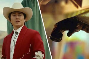 steven yeun in nope red cowboy suit and hat and monkey paw 