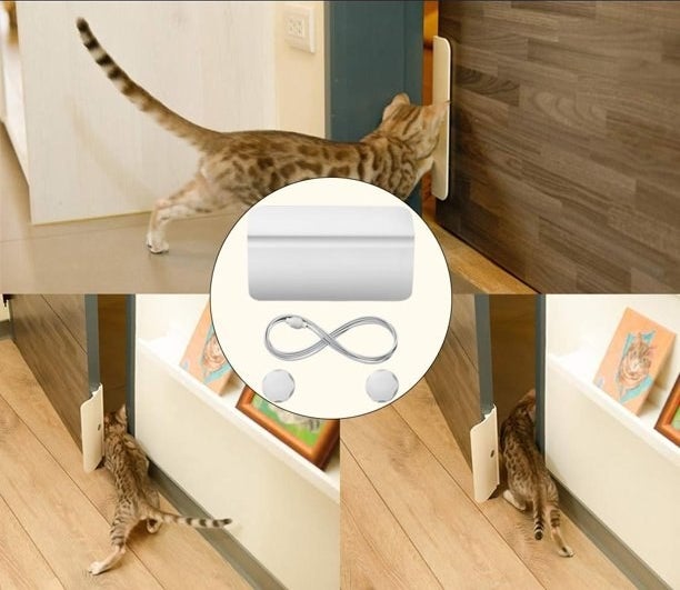 a four photo collage of a cat using the door opener