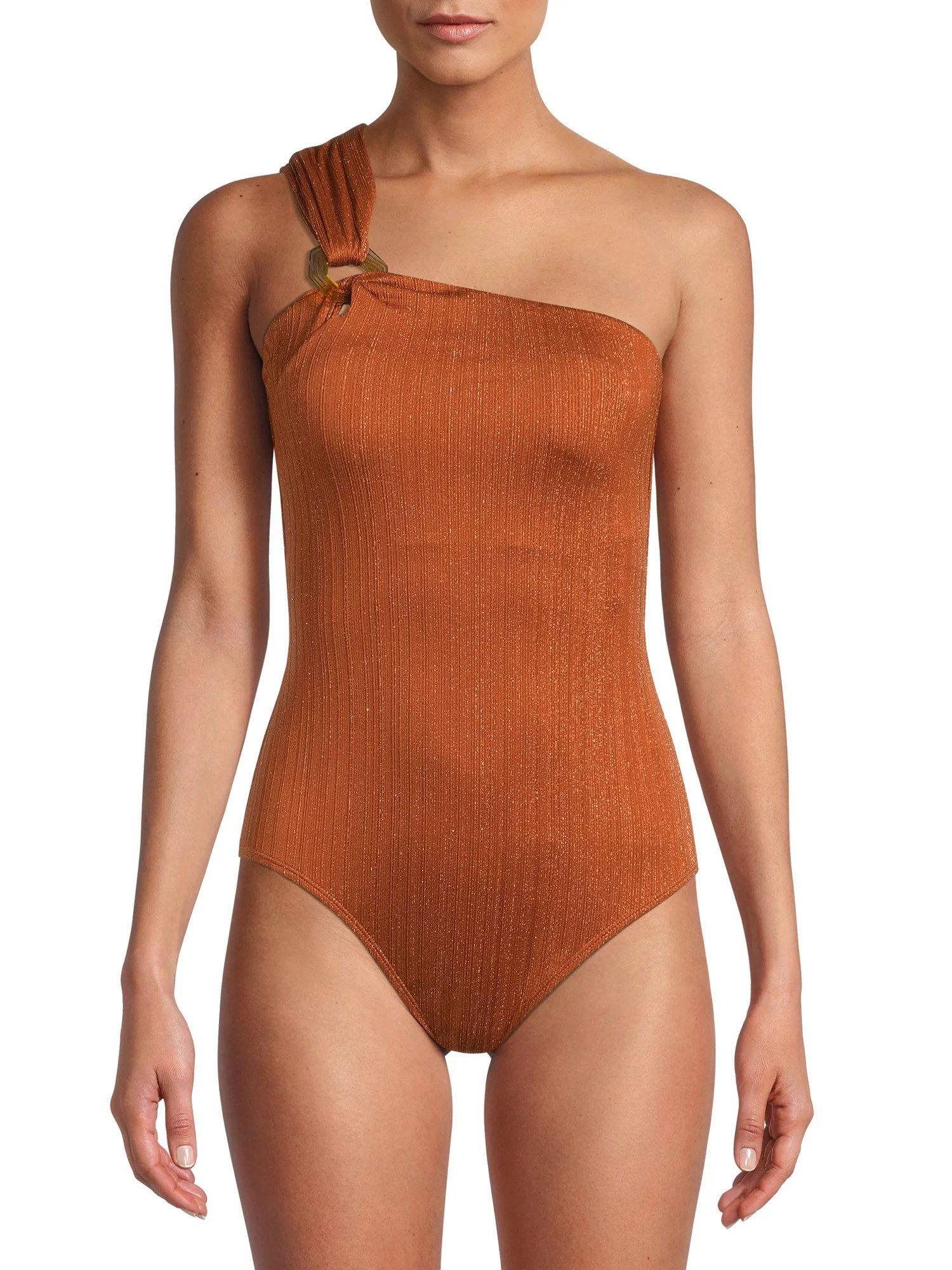 a model wearing the brown swimsuit