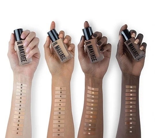 Four models with different skin tones with swatches of the product