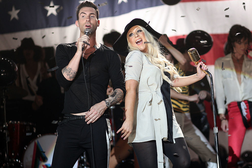 Adam Levine and Christina Aguilera onstage